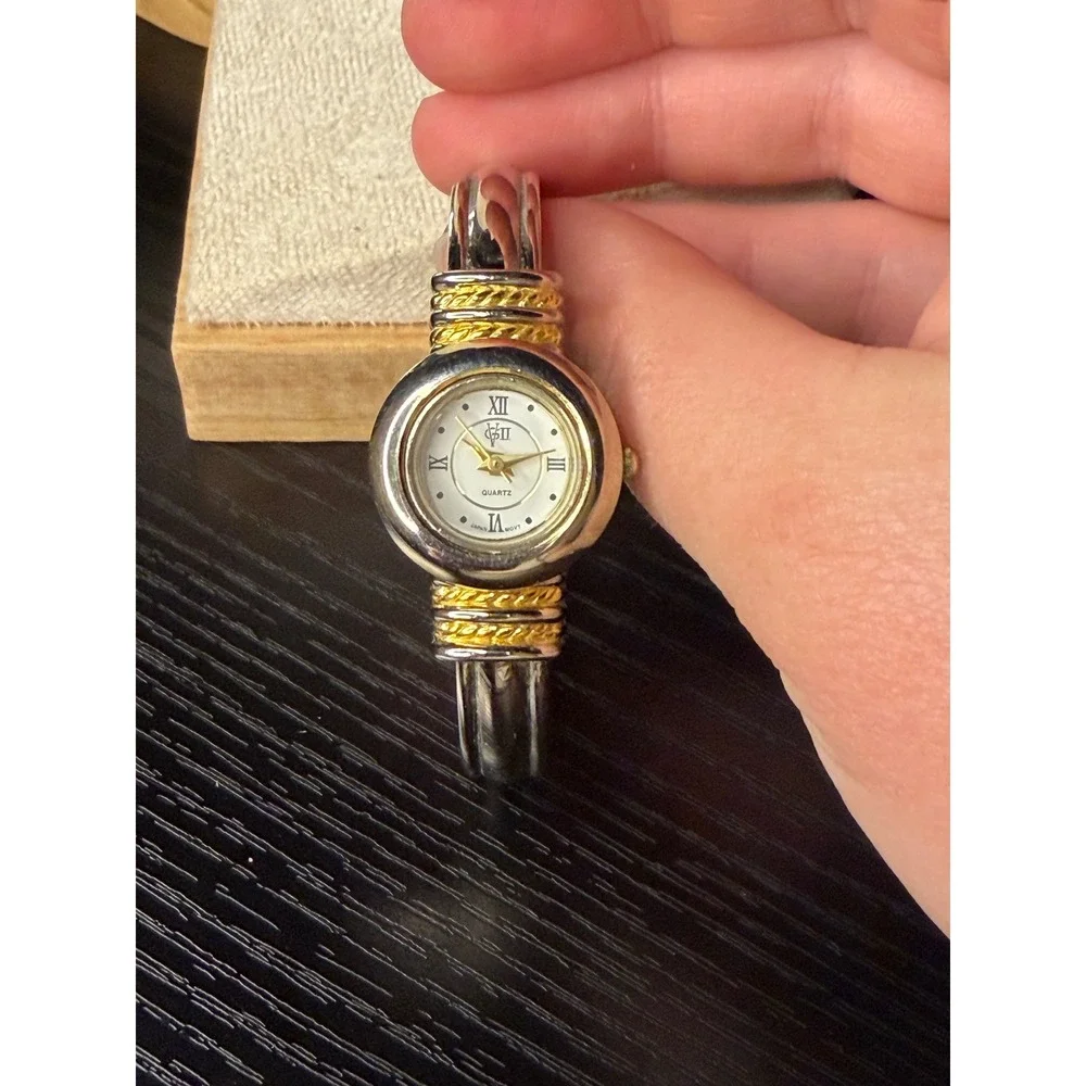 Vintage GV2 Gevril Two Tone Silver Gold Cuff Bangle Watch Roman Numeral Dial